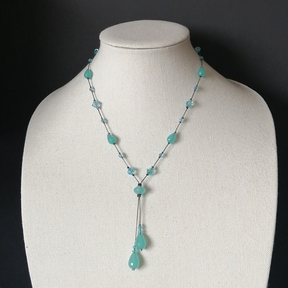 Dabby Reid "Y" Necklace Double Dangle Aquamarine Swarowski AB Faceted Beads